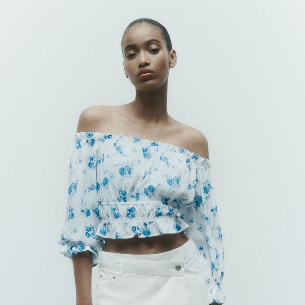 NWT Zara White Blue Floral Print Off Shoulder Top --p
